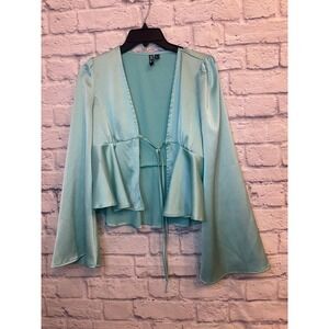 PIECES Women's Teal Blue Satin Peplum Tie Front Bell Sleeve Kimono Jacket S